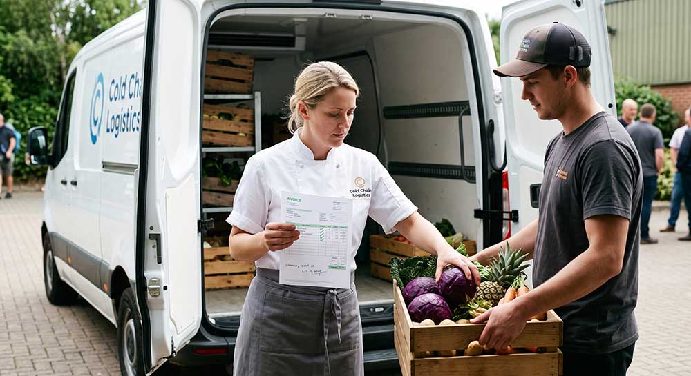Chef checking delivery invoice and food shipment inventory